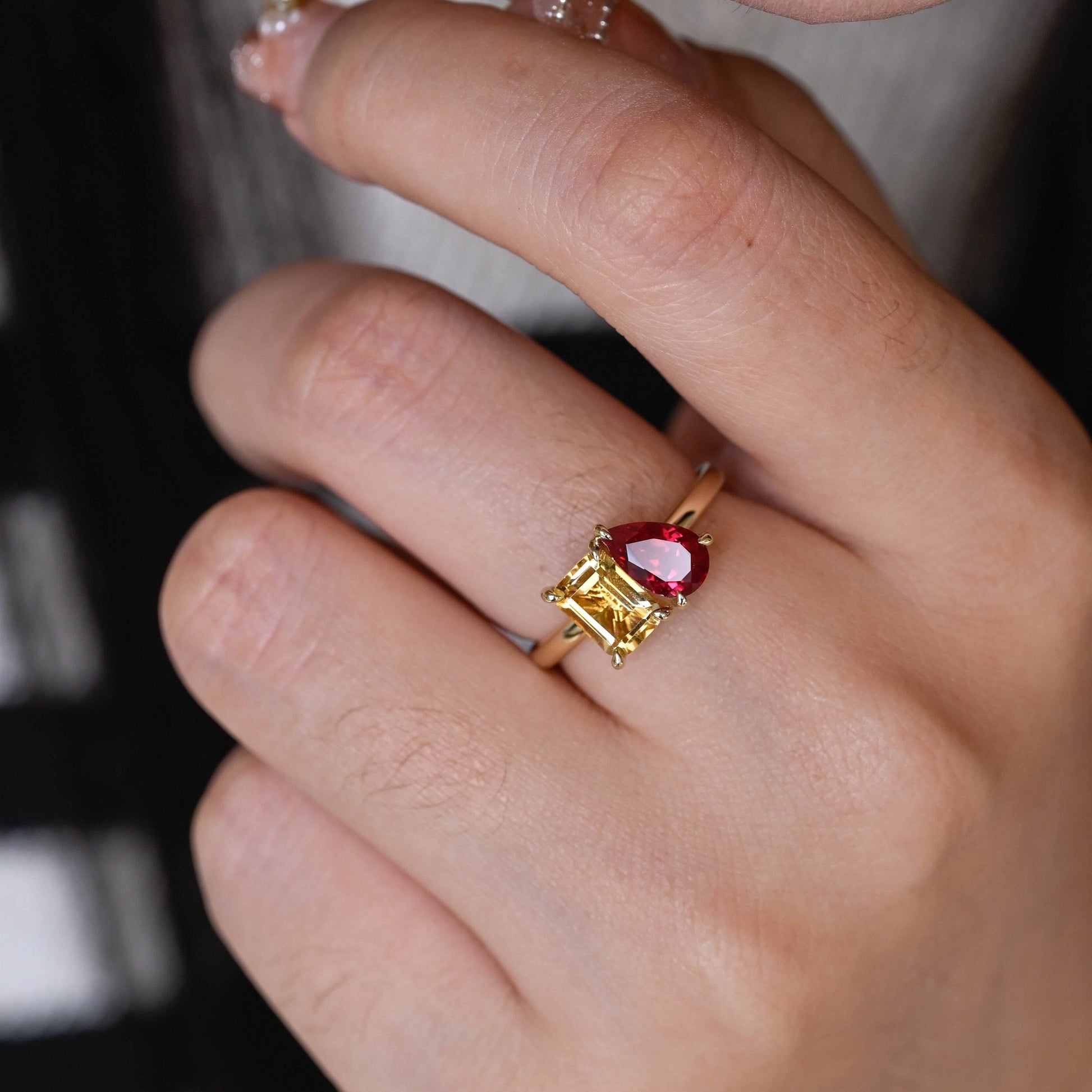 SquareJewelry pear cut lab grown ruby engagement ring Toi et Moi Solid Gold Pear Cut Lab Ruby & Emerald Cut Citrine Engagement Ring