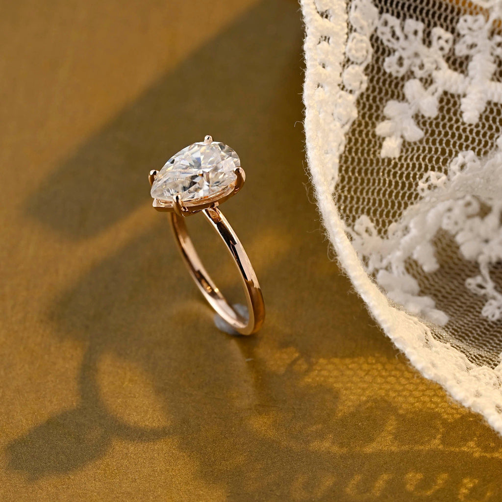 SquareJewelry pear cut moissanite engagement ring Solid Gold 4 Prongs Solitaire Pear Cut Moissanite Engagement Ring
