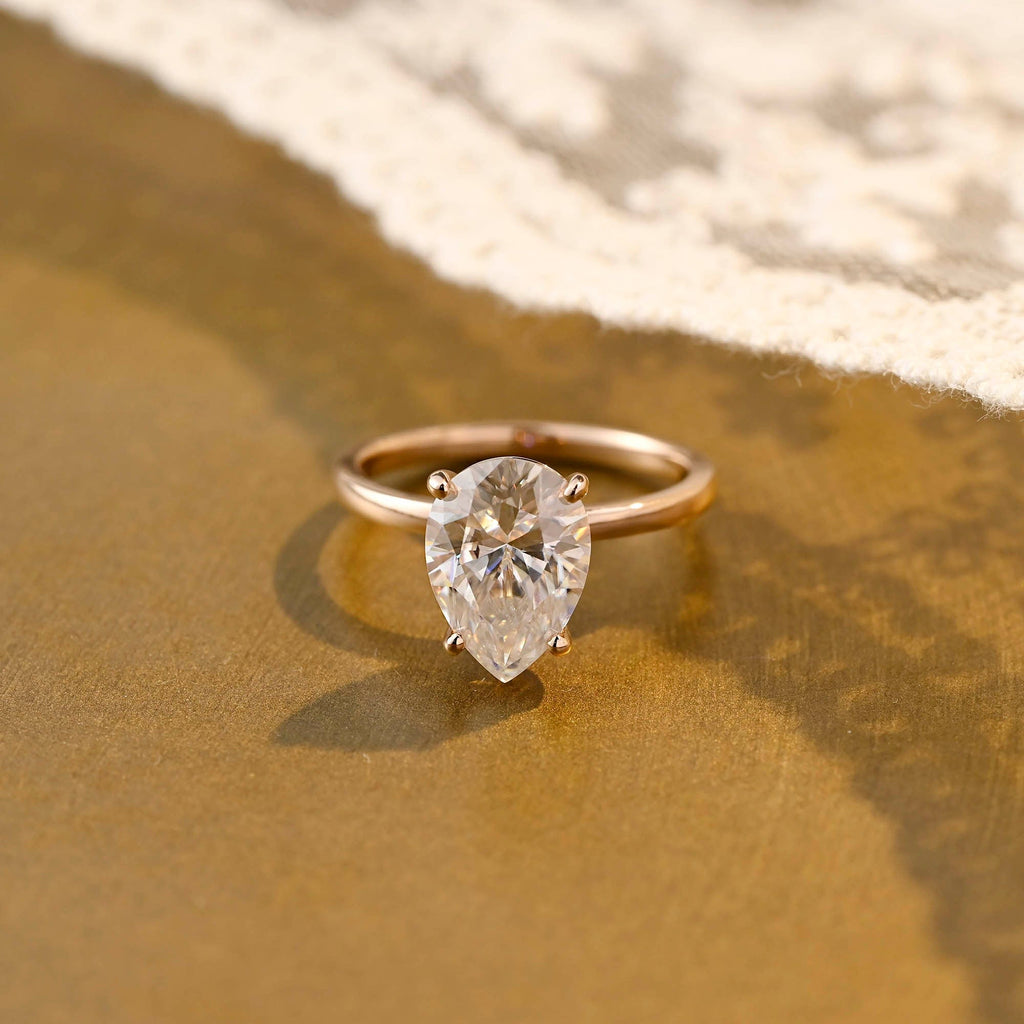 SquareJewelry pear cut moissanite engagement ring Solid Gold 4 Prongs Solitaire Pear Cut Moissanite Engagement Ring
