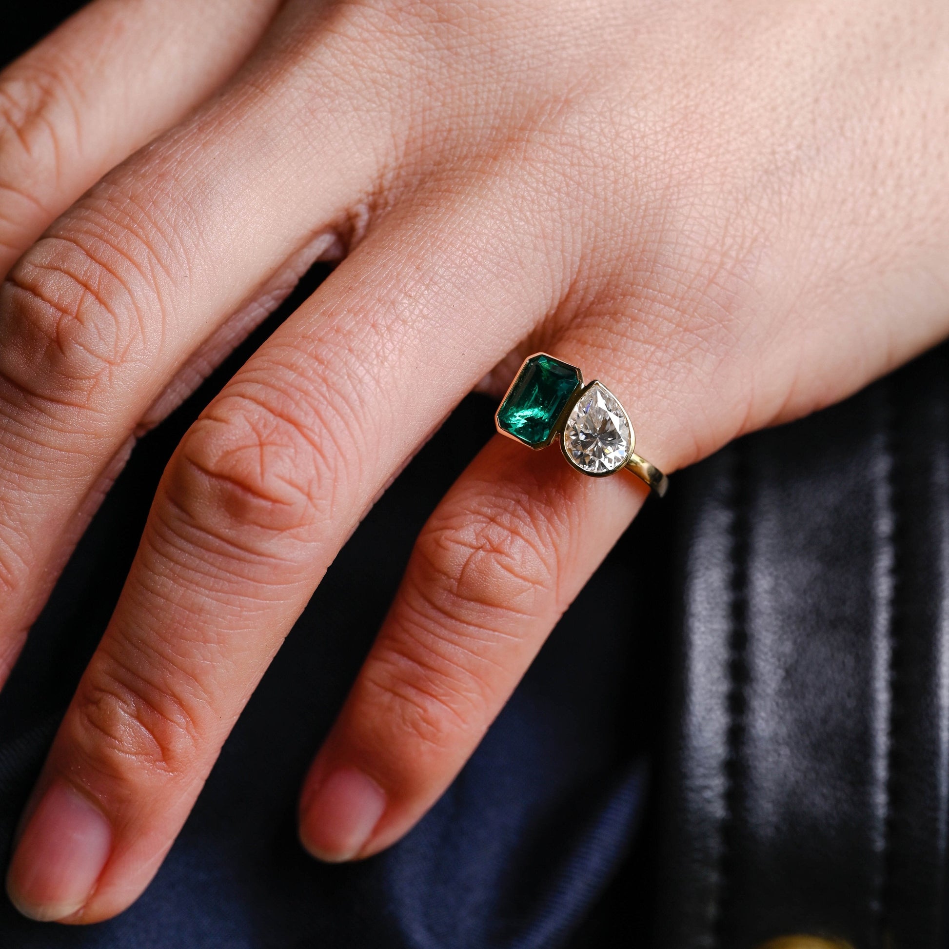 SquareJewelry pear cut moissanite engagement ring Solid Gold Bezel Toi et Moi Lab Grown Emerald & Pear Moissanite Engagement Ring