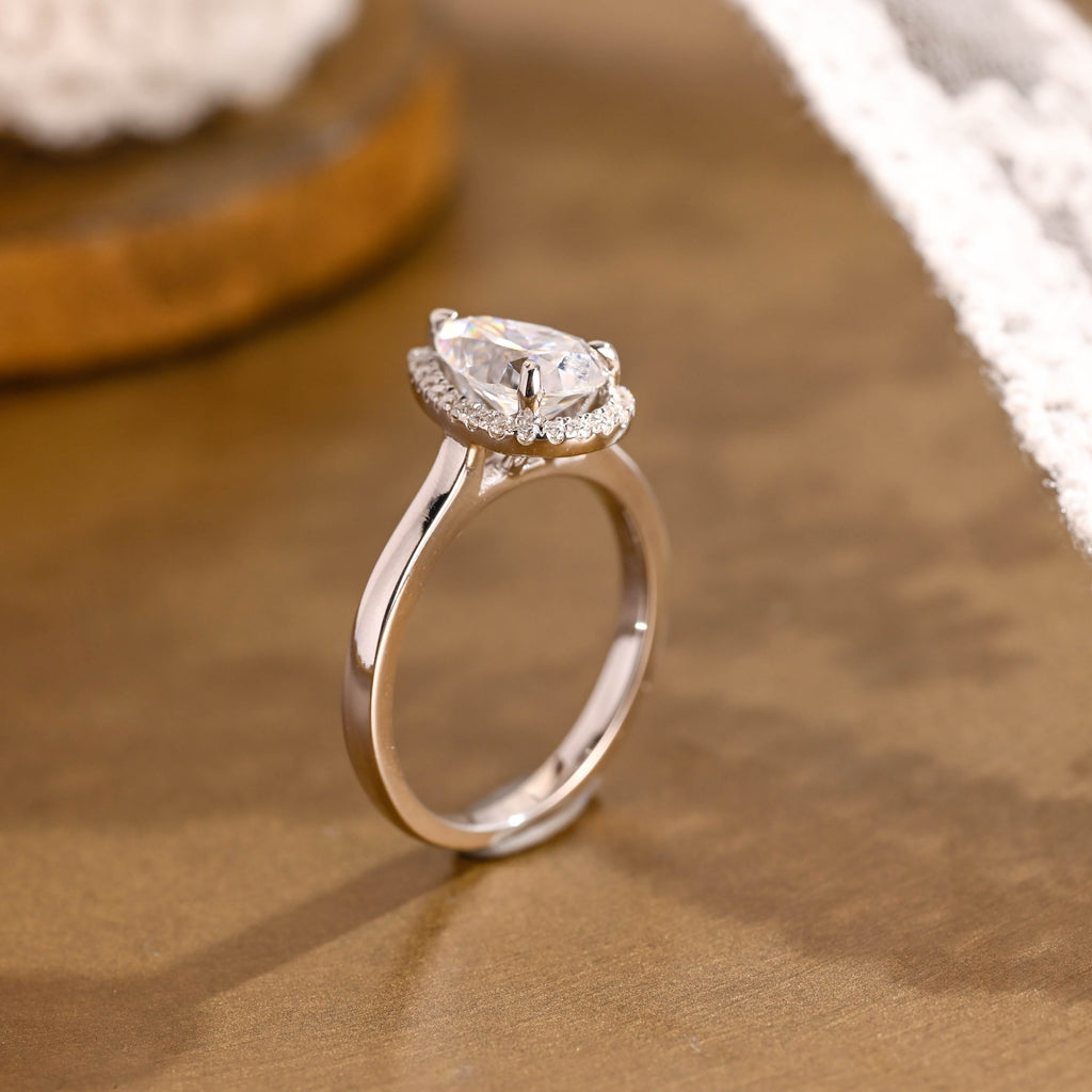 SquareJewelry pear cut moissanite engagement ring Solid Gold Halo Pear Moissanite Engagement Ring