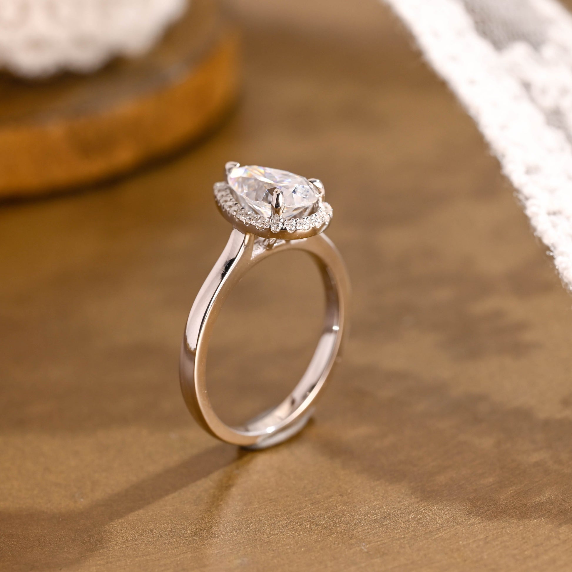 SquareJewelry pear cut moissanite engagement ring Solid Gold Halo Pear Moissanite Engagement Ring