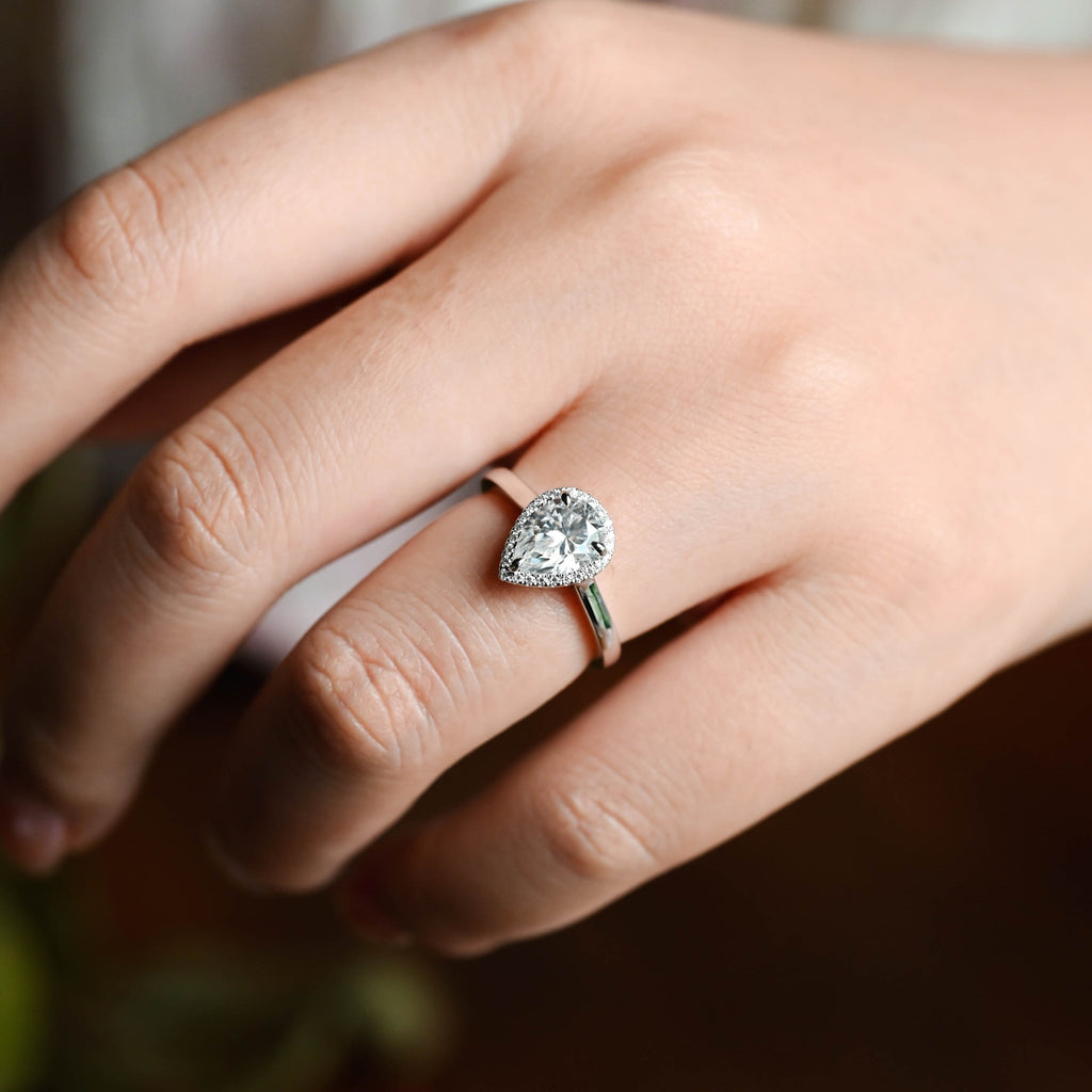 SquareJewelry pear cut moissanite engagement ring Solid Gold Halo Pear Moissanite Engagement Ring