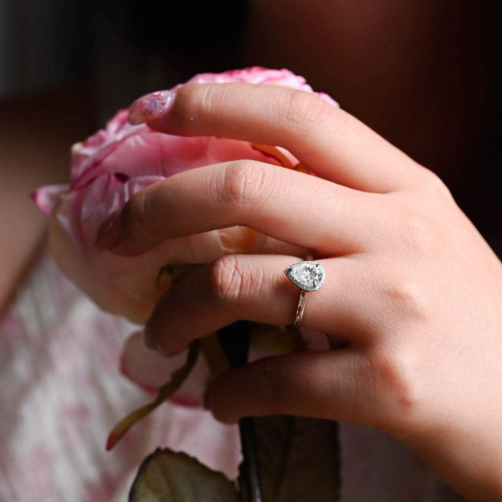 SquareJewelry pear cut moissanite engagement ring Solid Gold Halo Pear Moissanite Engagement Ring
