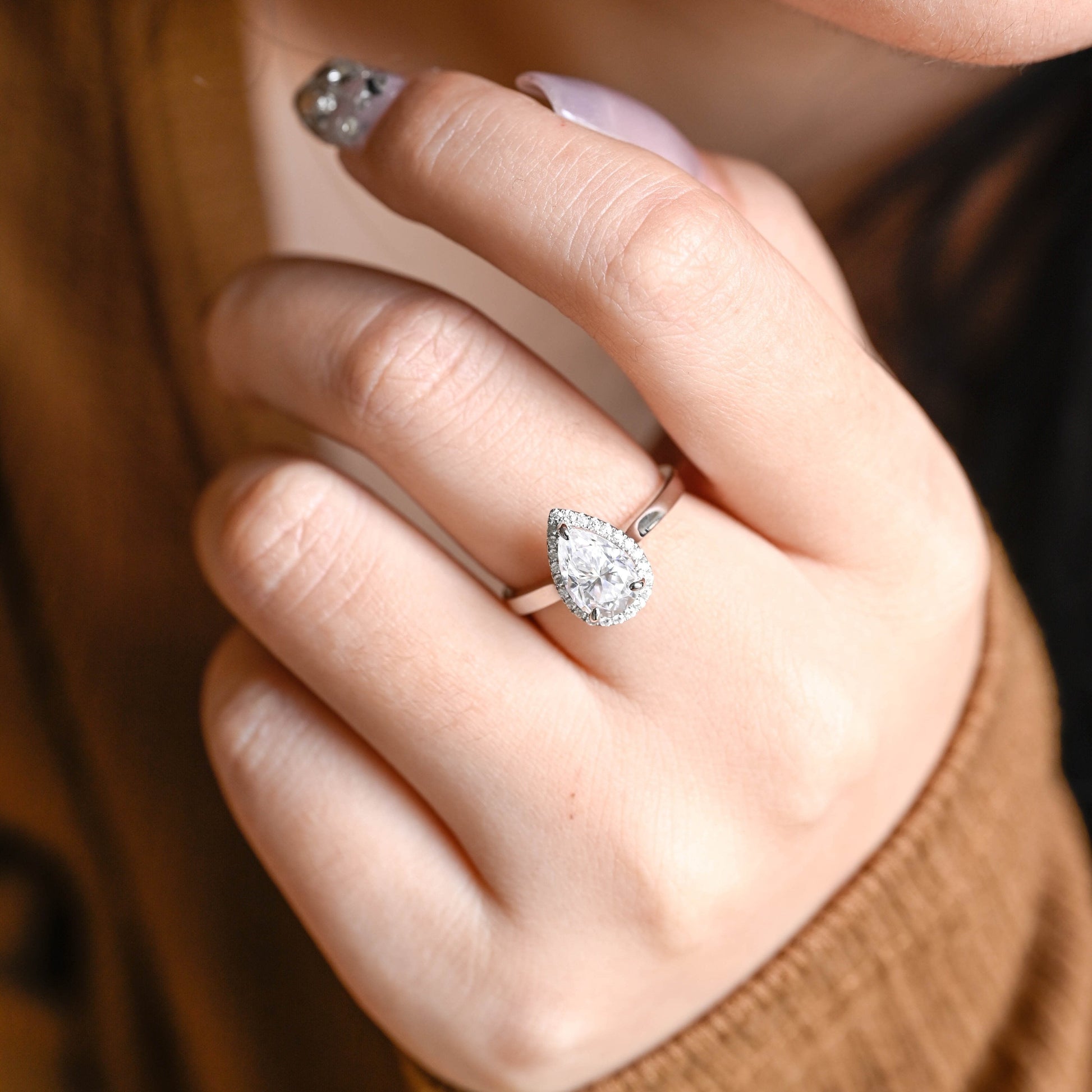 SquareJewelry pear cut moissanite engagement ring Solid Gold Halo Pear Moissanite Engagement Ring