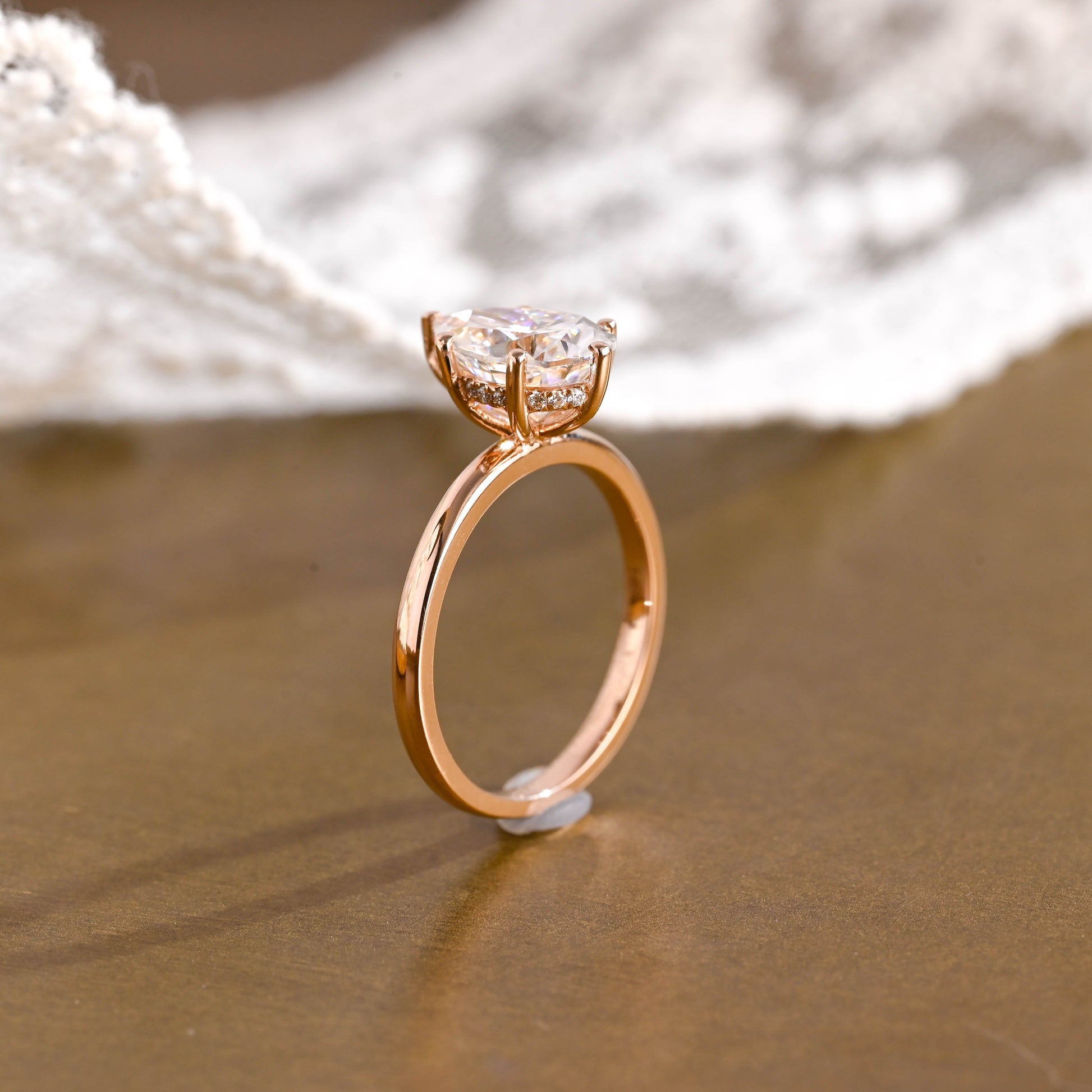 SquareJewelry pear cut moissanite engagement ring Solid Gold Hidden Halo Pear Cut Moissanite Engagement Ring