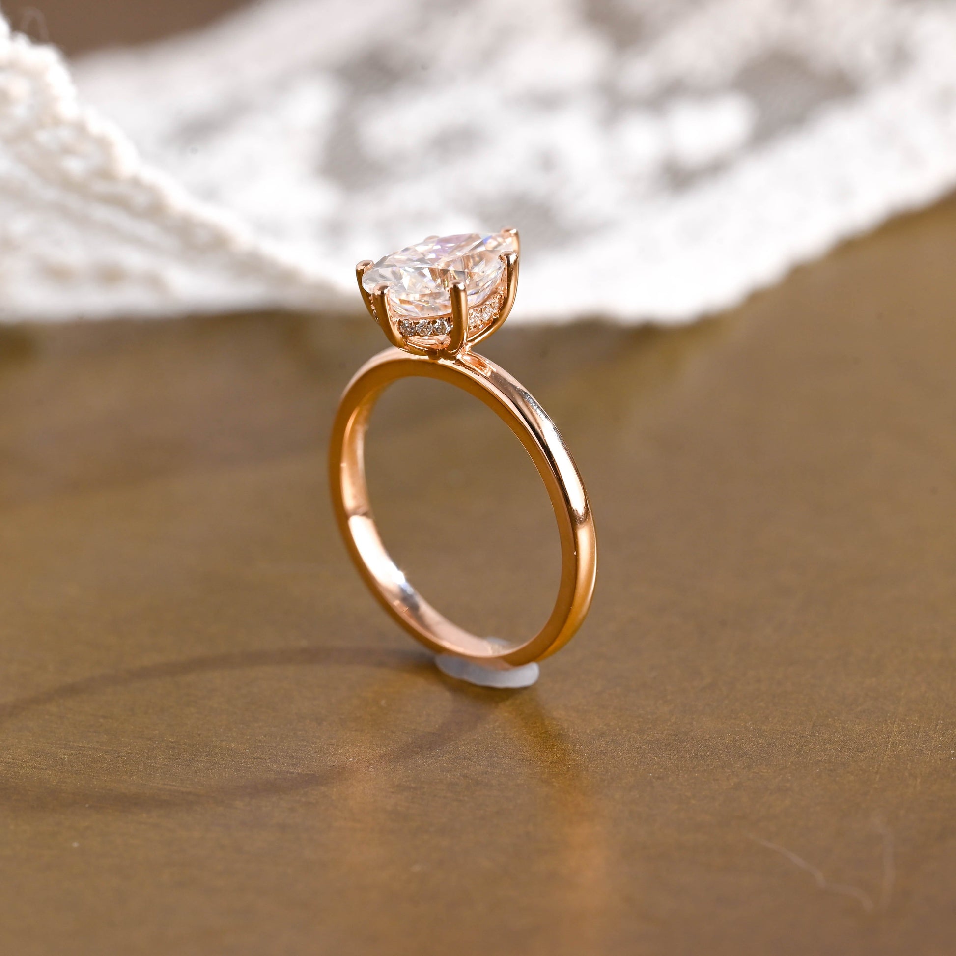 SquareJewelry pear cut moissanite engagement ring Solid Gold Hidden Halo Pear Cut Moissanite Engagement Ring