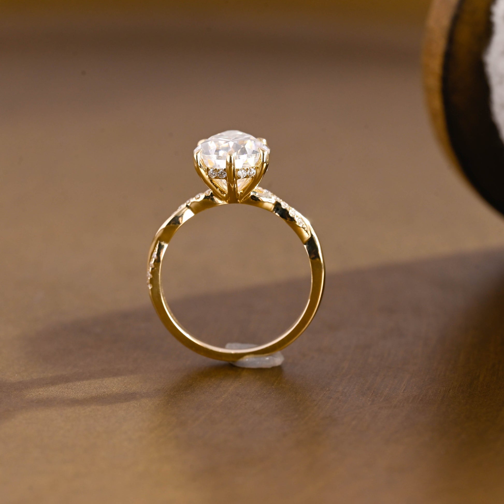 SquareJewelry pear cut moissanite engagement ring Solid Gold Hidden Halo Pear Twisted Moissanite Engagement Ring
