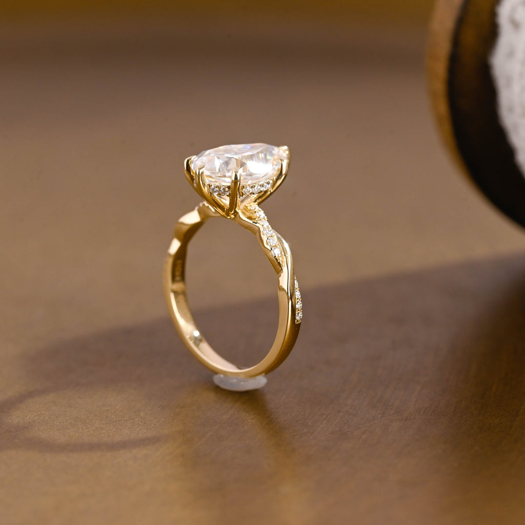 SquareJewelry pear cut moissanite engagement ring Solid Gold Hidden Halo Pear Twisted Moissanite Engagement Ring