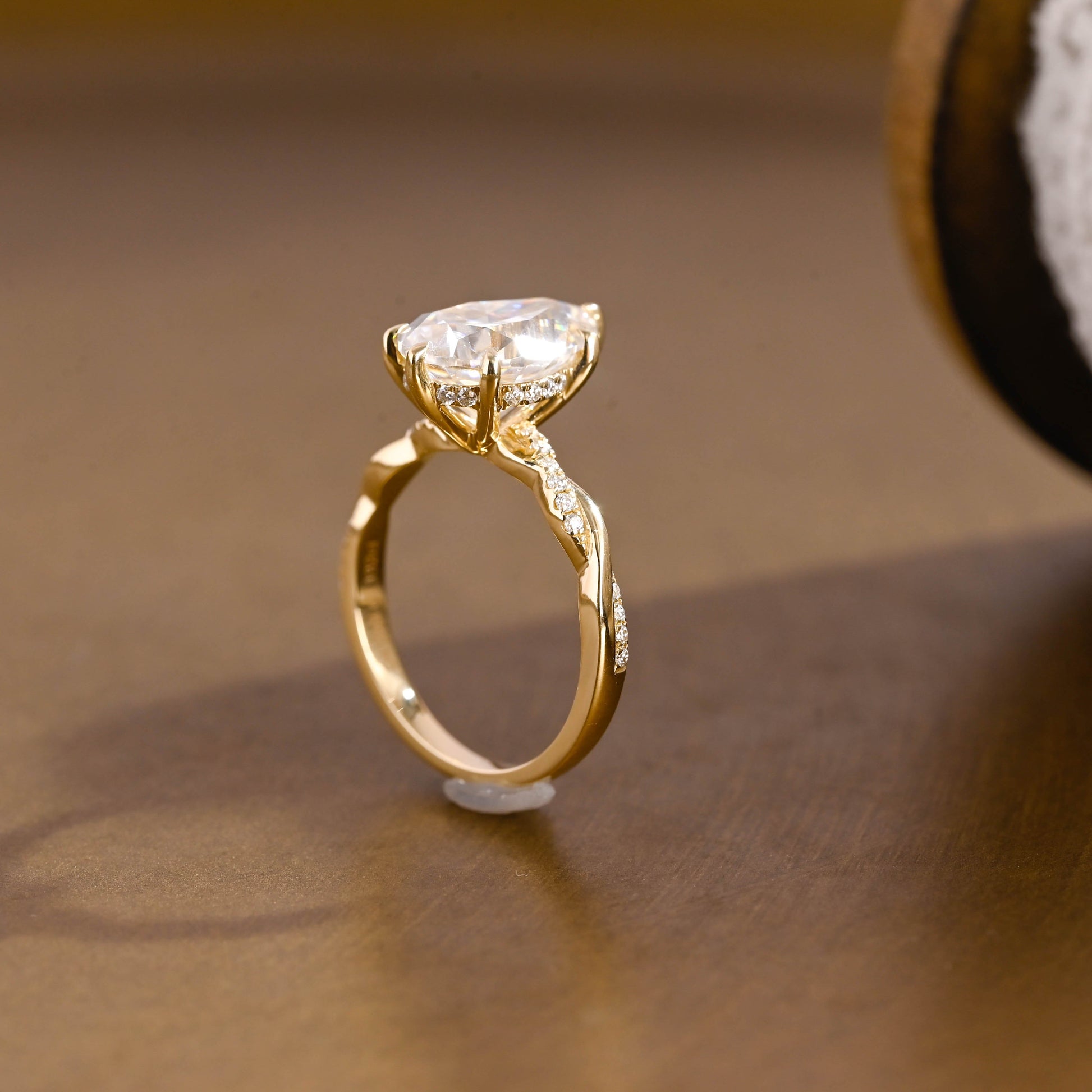 SquareJewelry pear cut moissanite engagement ring Solid Gold Hidden Halo Pear Twisted Moissanite Engagement Ring