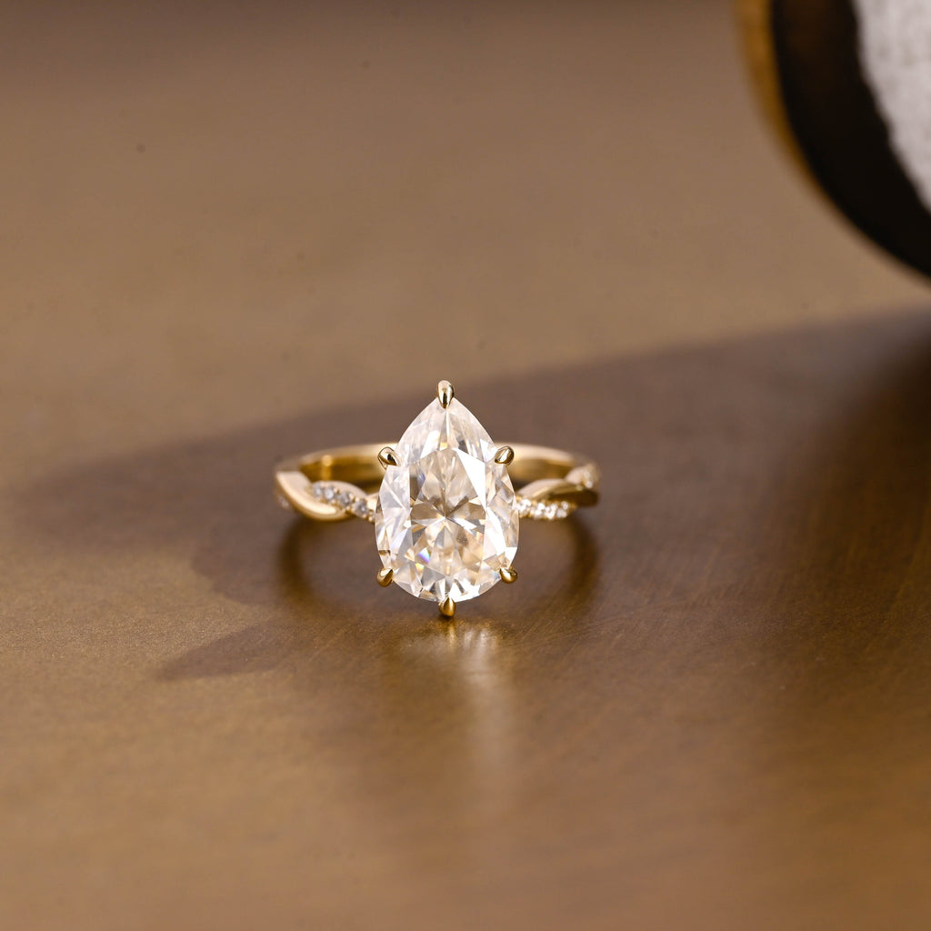 SquareJewelry pear cut moissanite engagement ring Solid Gold Hidden Halo Pear Twisted Moissanite Engagement Ring