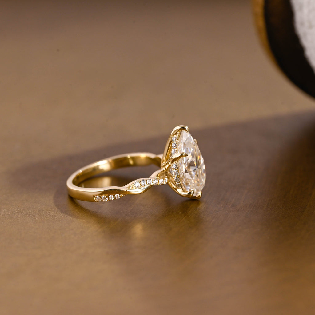 SquareJewelry pear cut moissanite engagement ring Solid Gold Hidden Halo Pear Twisted Moissanite Engagement Ring