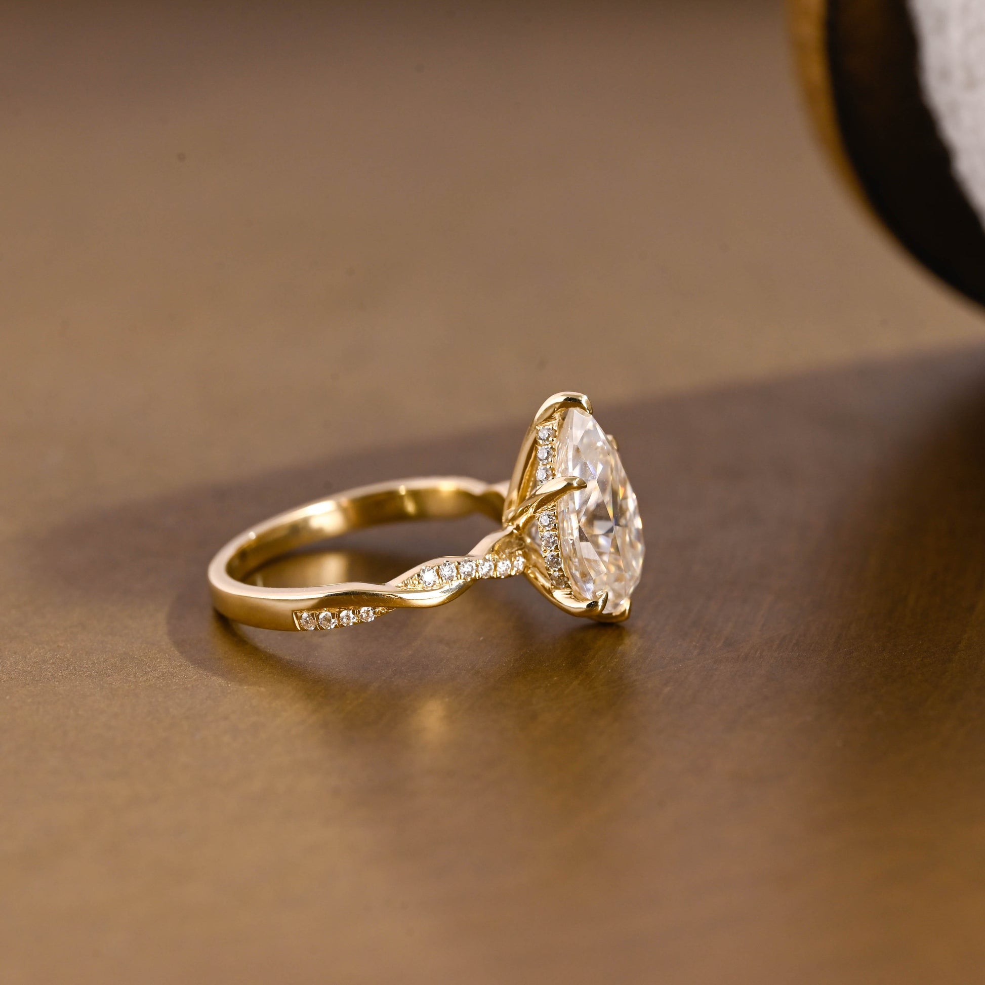 SquareJewelry pear cut moissanite engagement ring Solid Gold Hidden Halo Pear Twisted Moissanite Engagement Ring