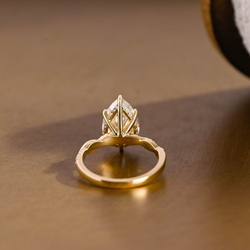 SquareJewelry pear cut moissanite engagement ring Solid Gold Hidden Halo Pear Twisted Moissanite Engagement Ring