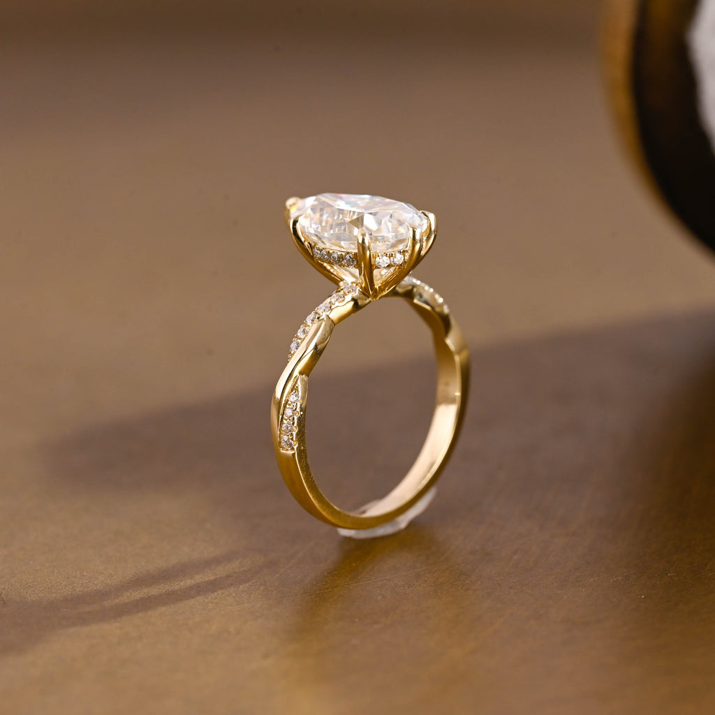 SquareJewelry pear cut moissanite engagement ring Solid Gold Hidden Halo Pear Twisted Moissanite Engagement Ring