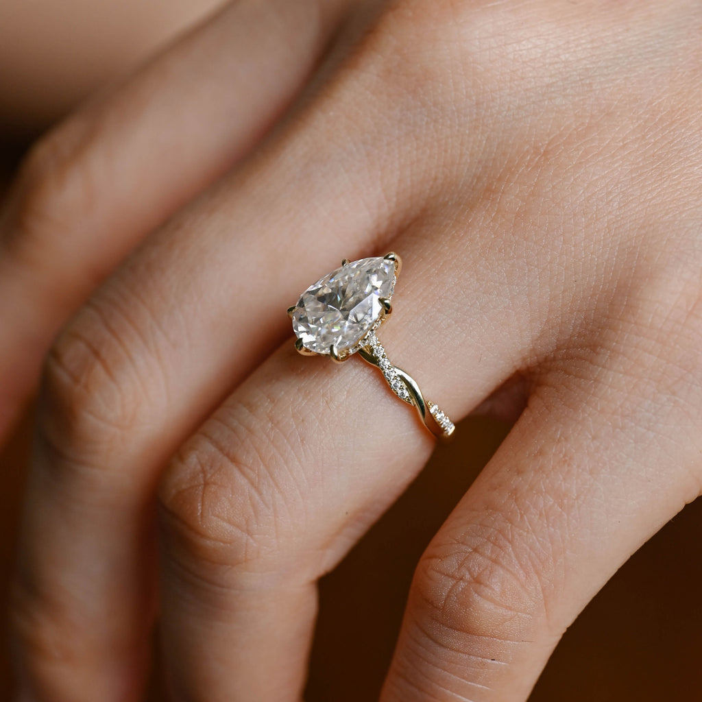 SquareJewelry pear cut moissanite engagement ring Solid Gold Hidden Halo Pear Twisted Moissanite Engagement Ring