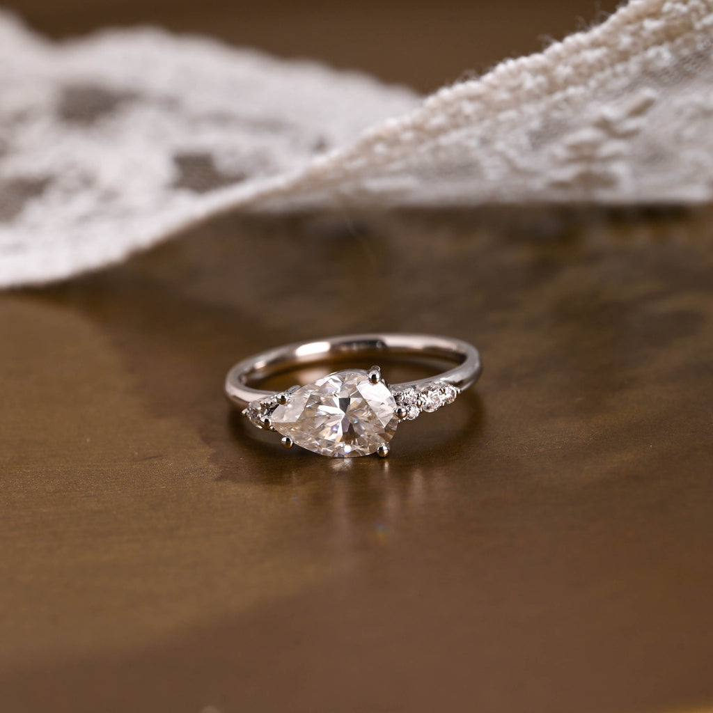 SquareJewelry pear cut moissanite engagement ring Solid Gold Horizon Pear Cut Moissanite Engagement Ring
