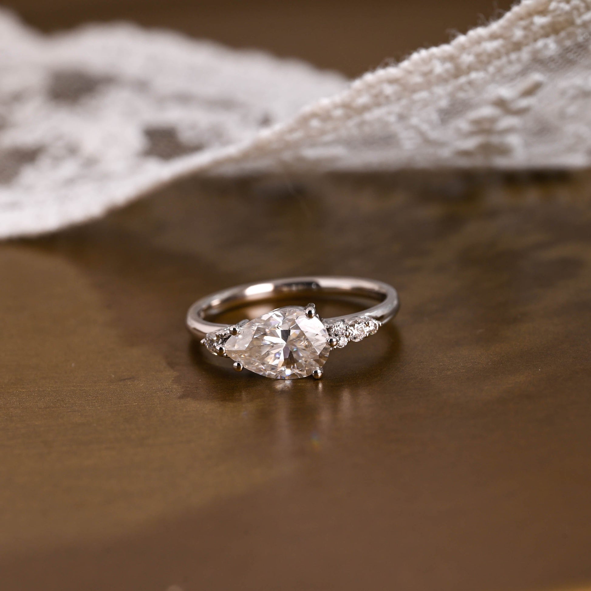 SquareJewelry pear cut moissanite engagement ring Solid Gold Horizon Pear Cut Moissanite Engagement Ring