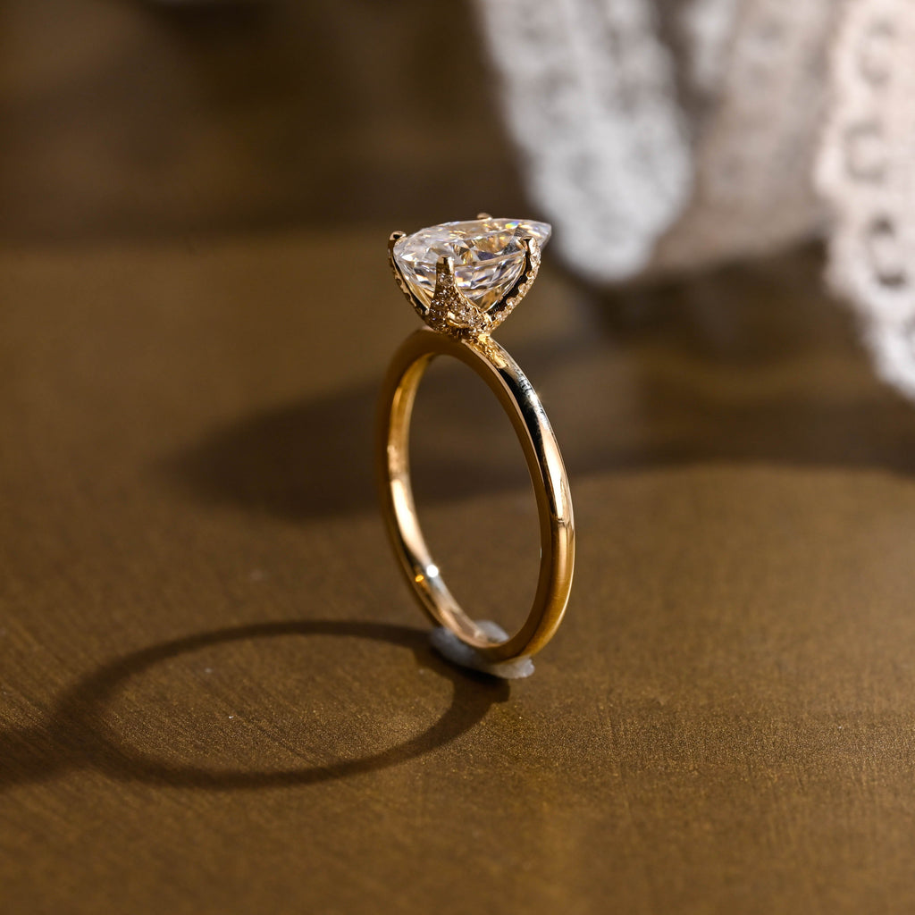 SquareJewelry pear cut moissanite engagement ring Solid Gold Paved Tulip Pear Moissanite Engagement Ring