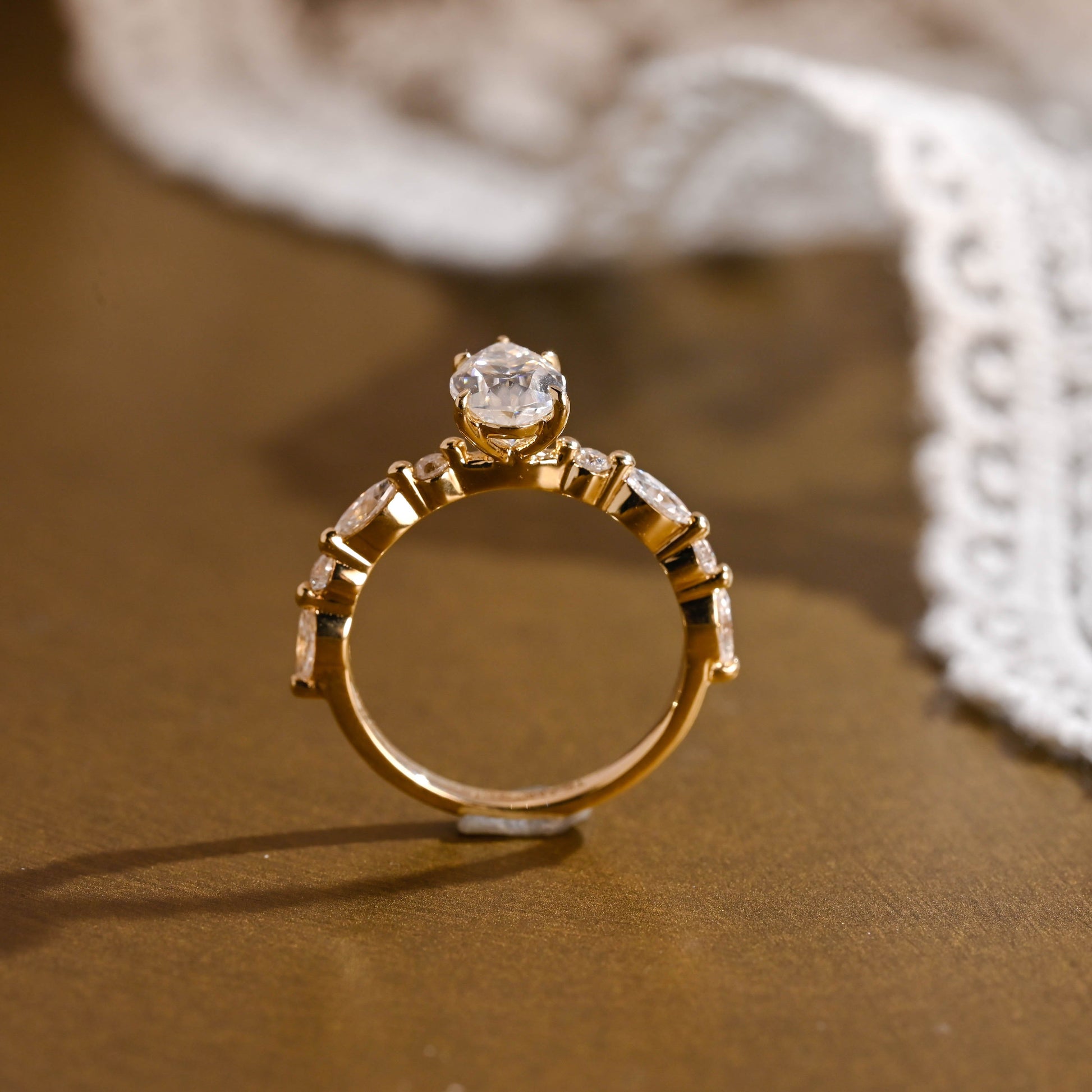 SquareJewelry pear cut moissanite engagement ring Solid Gold Pear Cut Moissanite Engagement Ring With Marquise Cut Accent