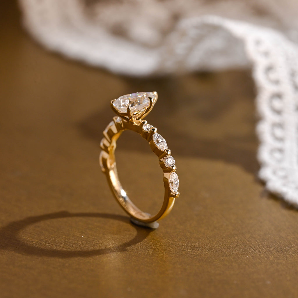 SquareJewelry pear cut moissanite engagement ring Solid Gold Pear Cut Moissanite Engagement Ring With Marquise Cut Accent
