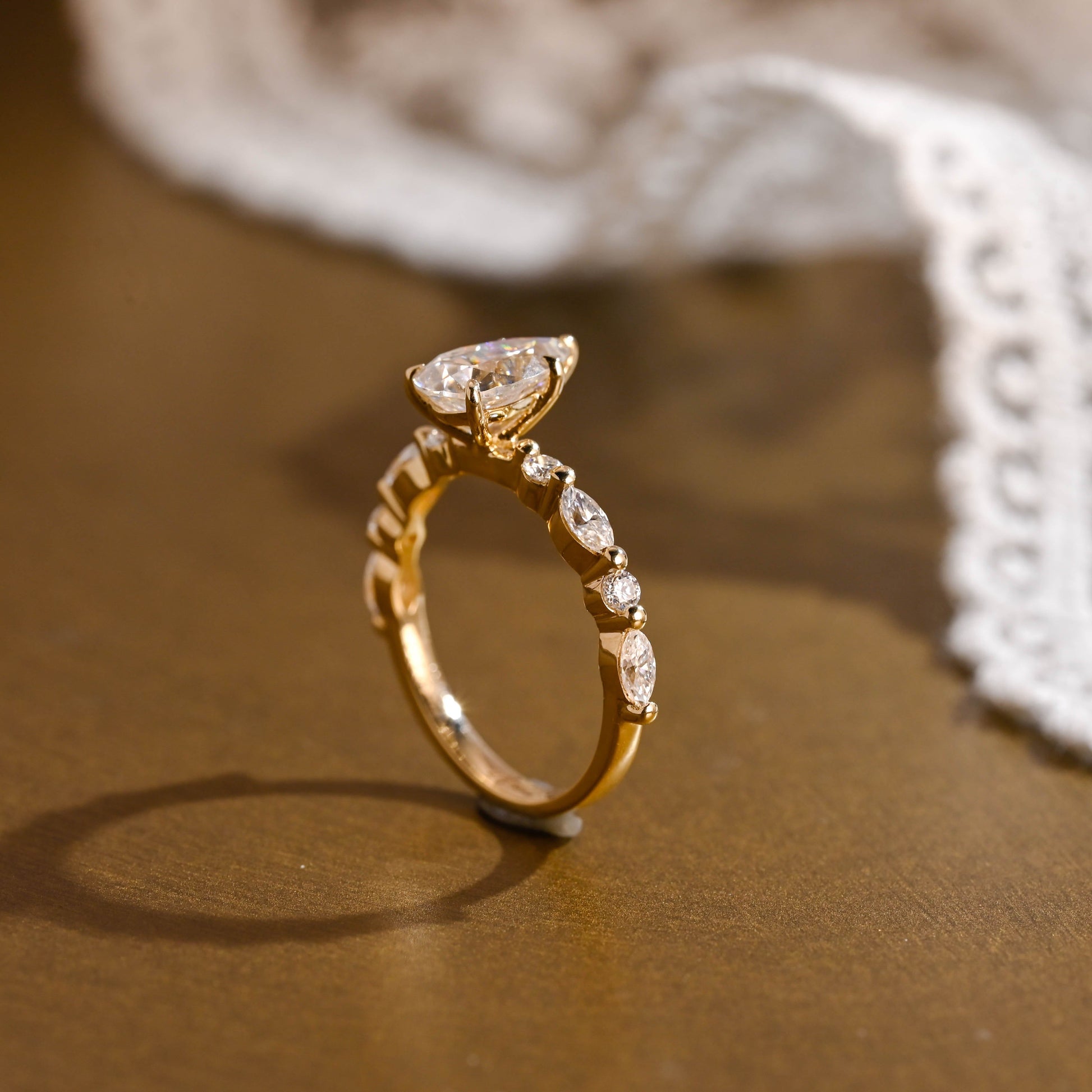 SquareJewelry pear cut moissanite engagement ring Solid Gold Pear Cut Moissanite Engagement Ring With Marquise Cut Accent