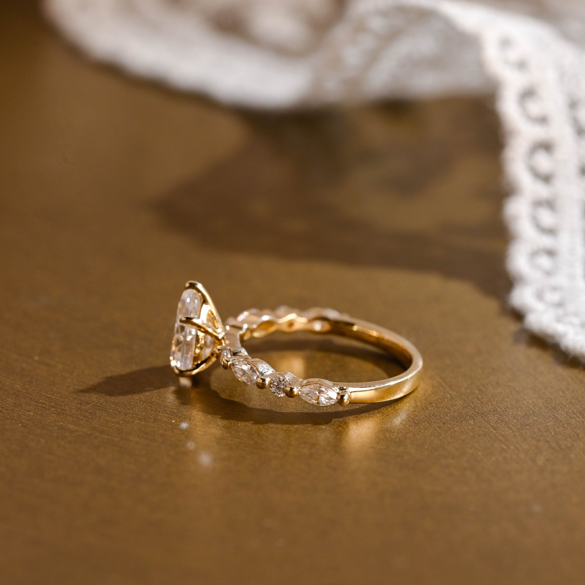SquareJewelry pear cut moissanite engagement ring Solid Gold Pear Cut Moissanite Engagement Ring With Marquise Cut Accent