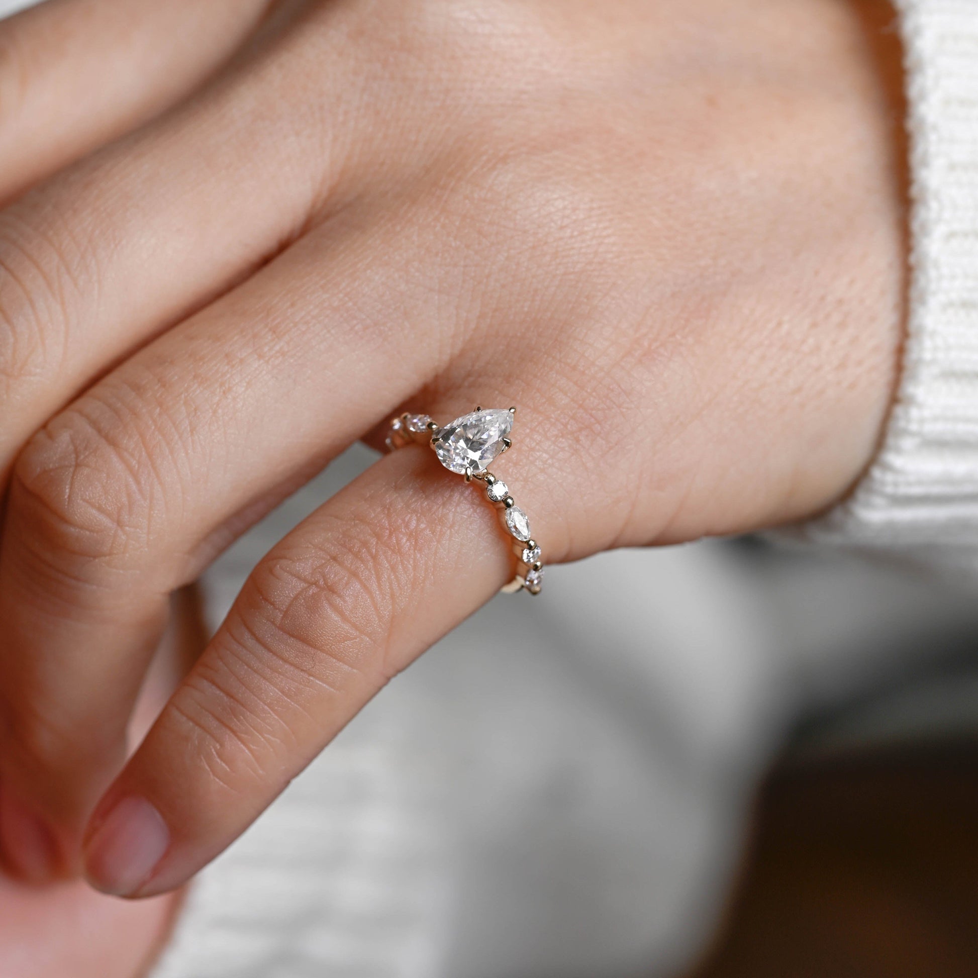 SquareJewelry pear cut moissanite engagement ring Solid Gold Pear Cut Moissanite Engagement Ring With Marquise Cut Accent