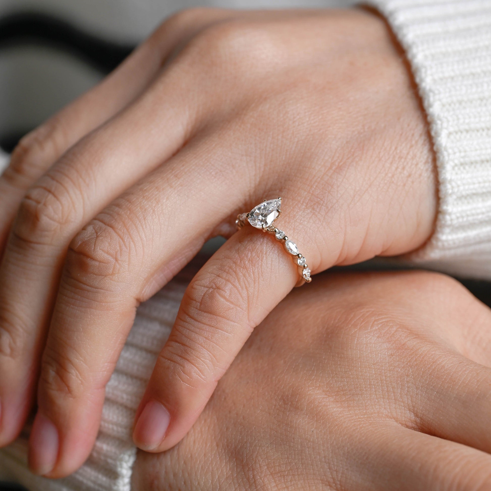 SquareJewelry pear cut moissanite engagement ring Solid Gold Pear Cut Moissanite Engagement Ring With Marquise Cut Accent