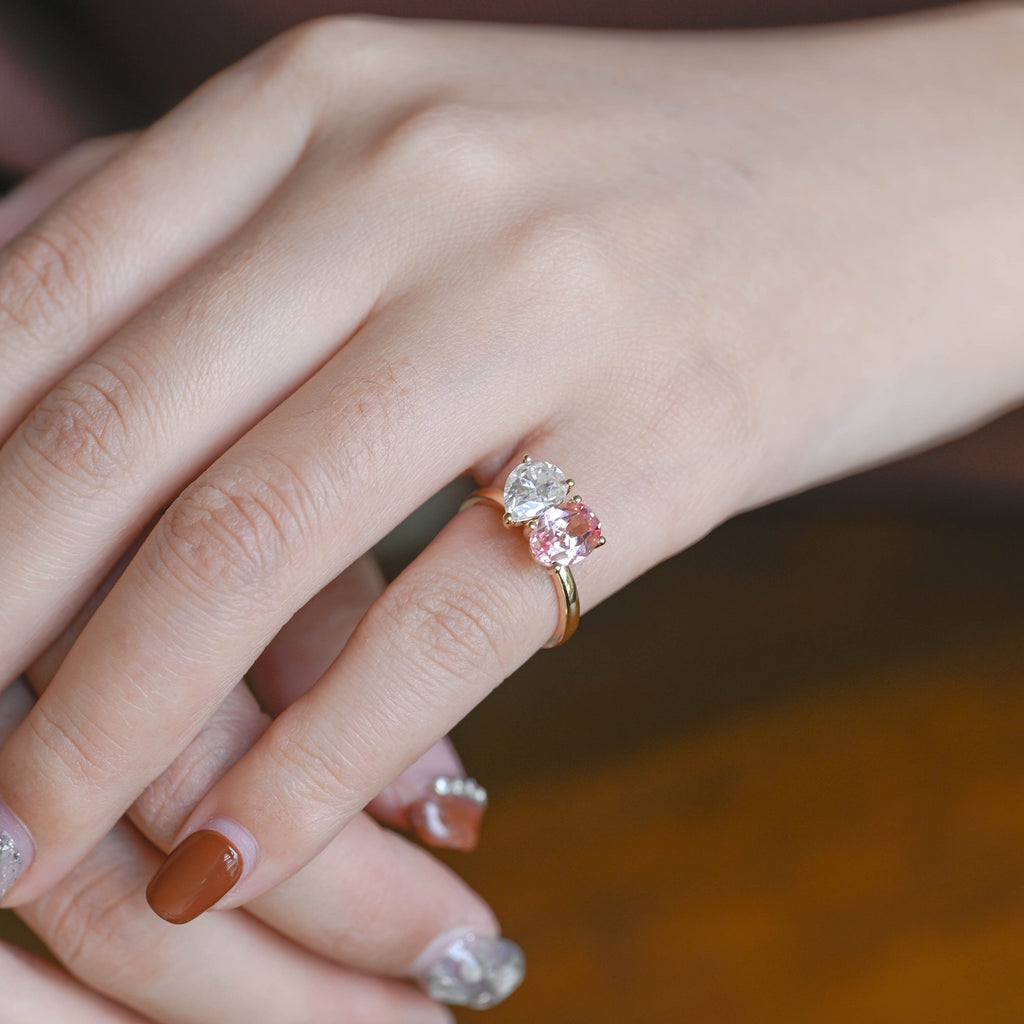 SquareJewelry pear cut moissanite engagement ring Solid Gold Toi et Moi Oval Lab Grown Pink Sapphire & Pear Moissanite Engagement Ring