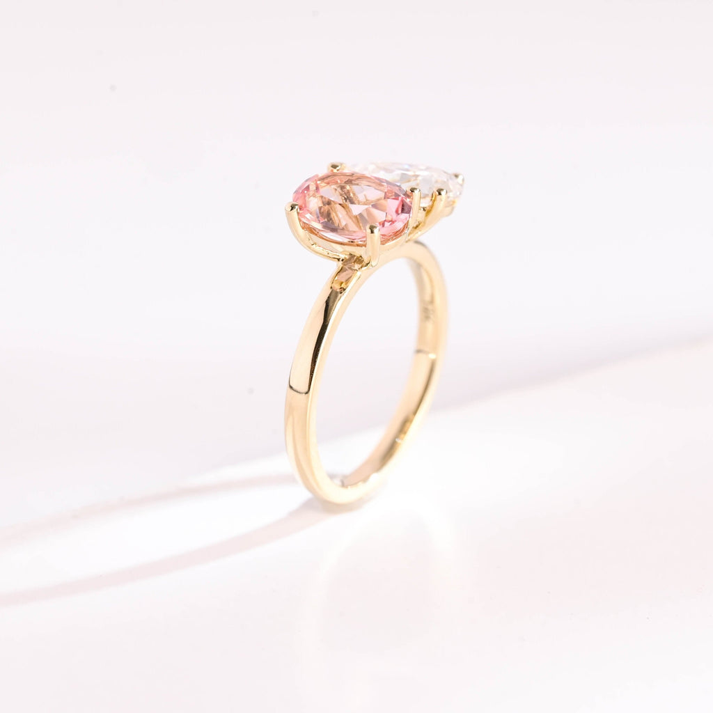 SquareJewelry pear cut moissanite engagement ring Solid Gold Toi et Moi Oval Lab Grown Pink Sapphire & Pear Moissanite Engagement Ring