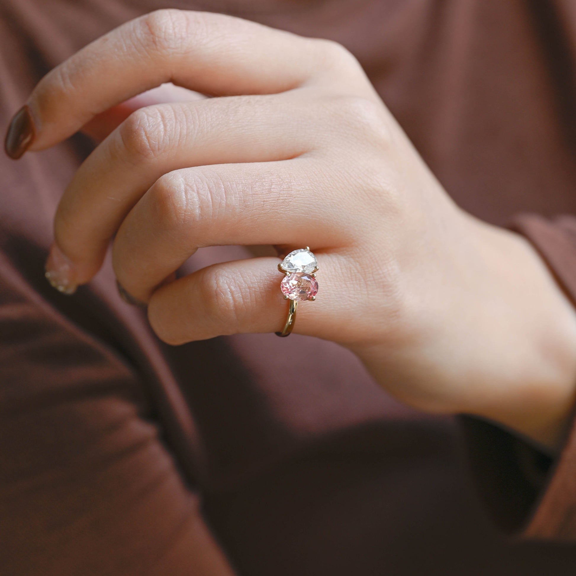 SquareJewelry pear cut moissanite engagement ring Solid Gold Toi et Moi Oval Lab Grown Pink Sapphire & Pear Moissanite Engagement Ring