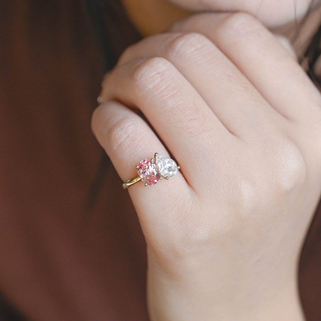 SquareJewelry pear cut moissanite engagement ring Solid Gold Toi et Moi Oval Lab Grown Pink Sapphire & Pear Moissanite Engagement Ring