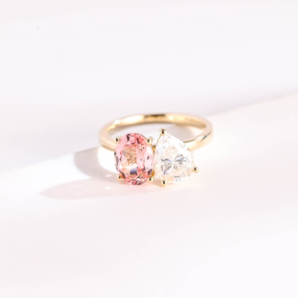 SquareJewelry pear cut moissanite engagement ring Solid Gold Toi et Moi Oval Lab Grown Pink Sapphire & Pear Moissanite Engagement Ring