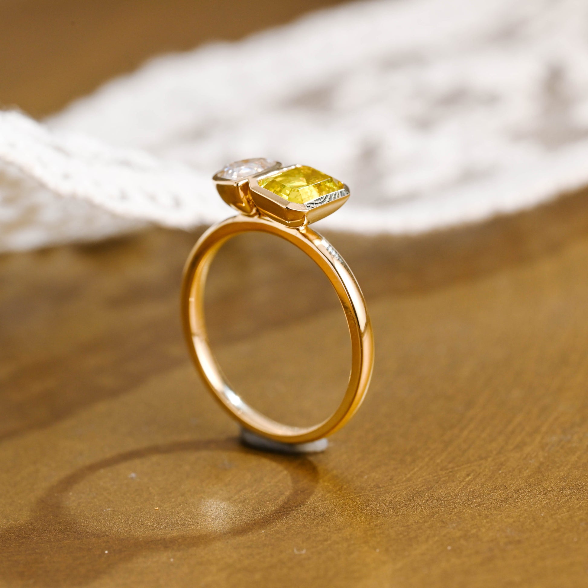 SquareJewelry pear cut moissanite engagement ring Solid Gold Toi Et Moi Yellow Emerald Cut Lab Sapphire & Pear Cut Moissanite Engagement Ring