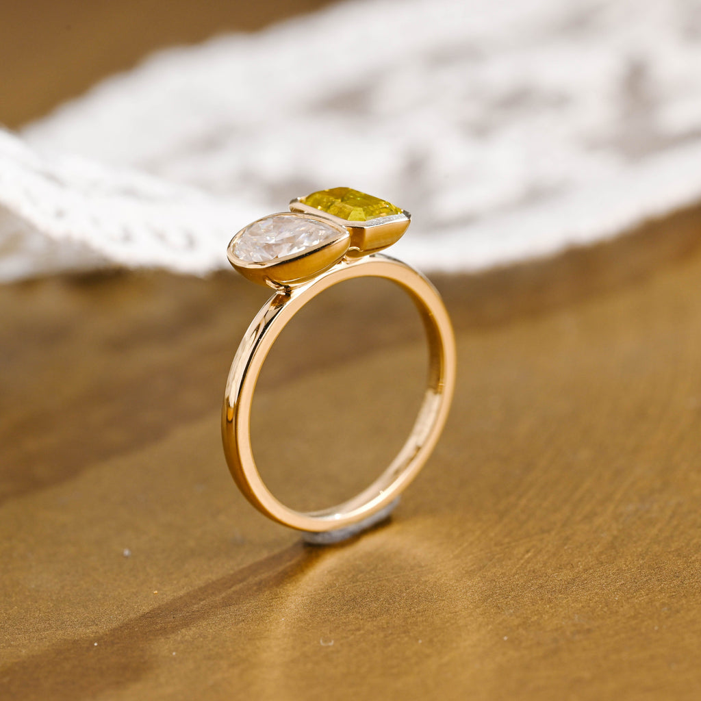 SquareJewelry pear cut moissanite engagement ring Solid Gold Toi Et Moi Yellow Emerald Cut Lab Sapphire & Pear Cut Moissanite Engagement Ring