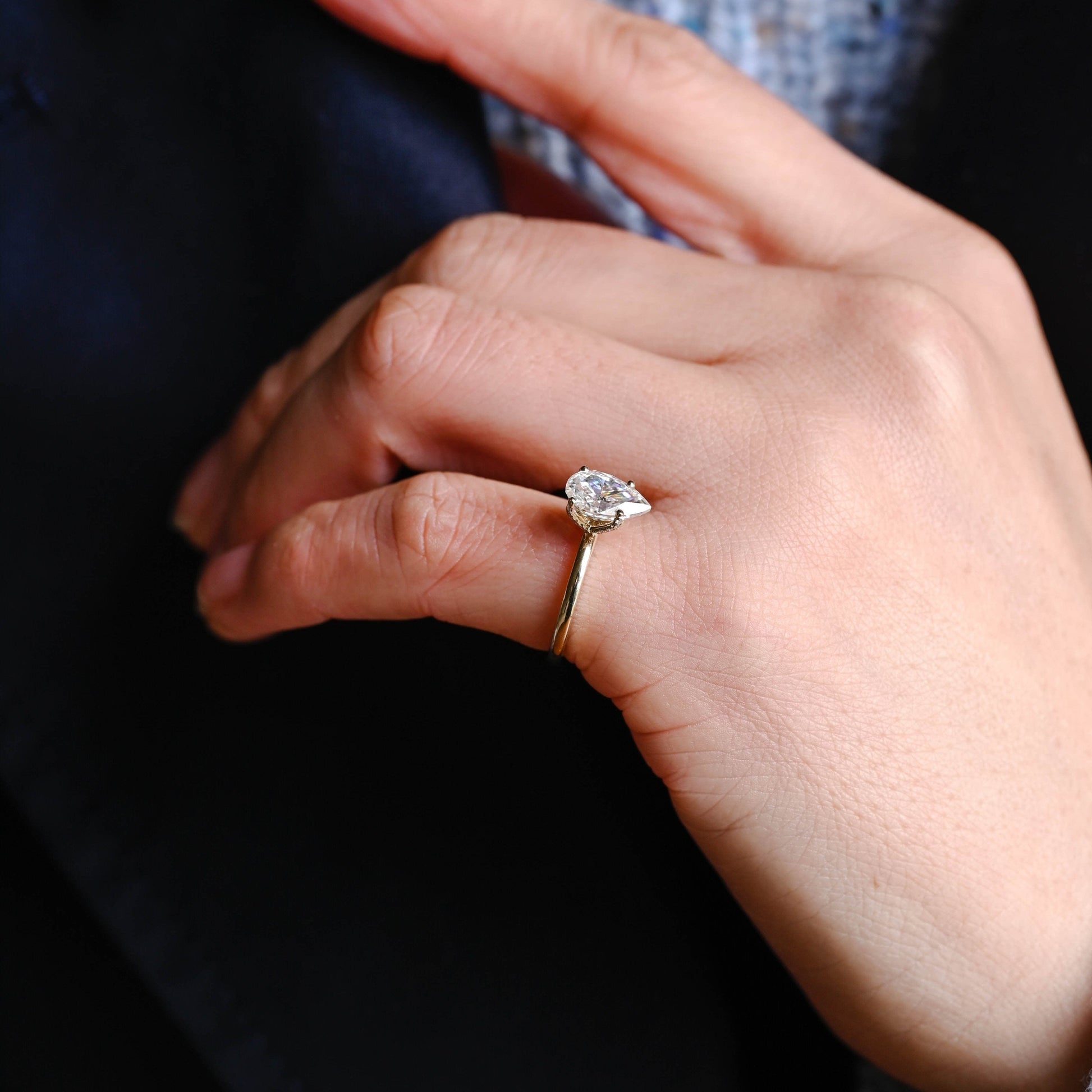 SquareJewelry pear cut moissanite engagement ring Solid Gold Tulip Pear Moissanite Engagement Ring