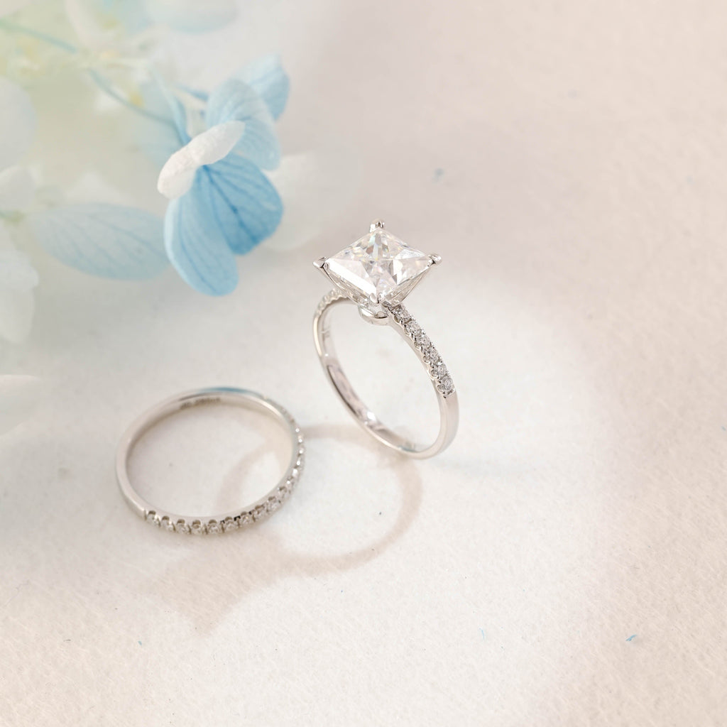 SquareJewelry Princess cut bridal set Solid Gold Princess Cut Moissainte Wedding Ring Set