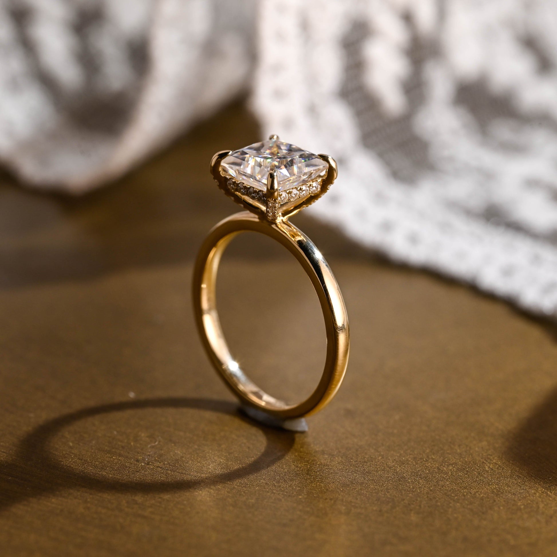 SquareJewelry princess cut moissanite engagement ring Solid Gold Hidden Halo Princess Cut Moissanite Engagement Ring