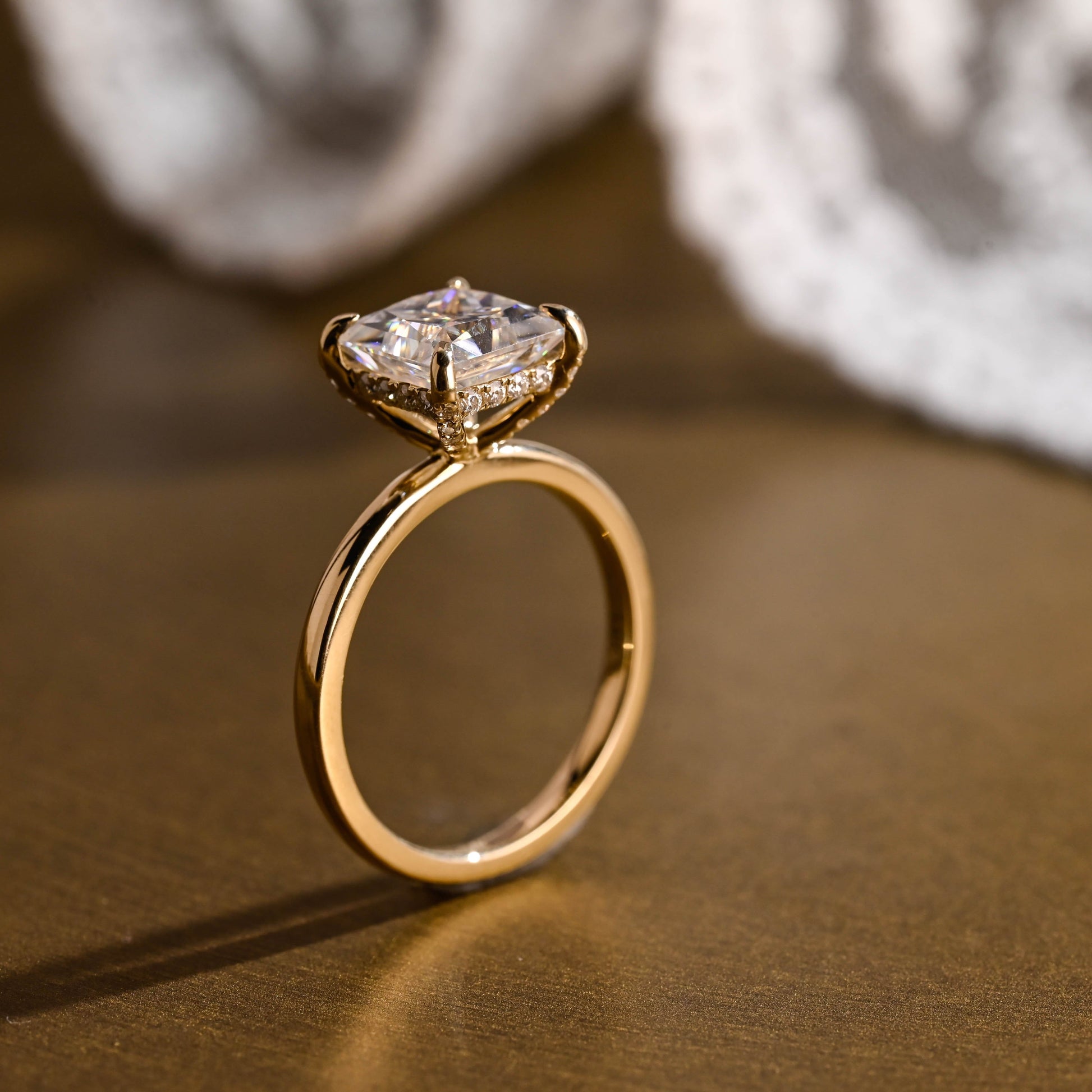 SquareJewelry princess cut moissanite engagement ring Solid Gold Hidden Halo Princess Cut Moissanite Engagement Ring