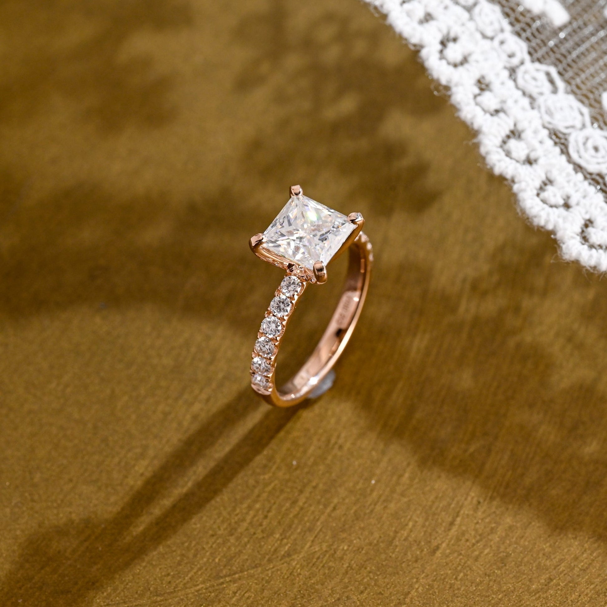 SquareJewelry princess cut moissanite engagement ring Solid Gold Thick Band Pave Princess Cut Moissanite Engagement Ring