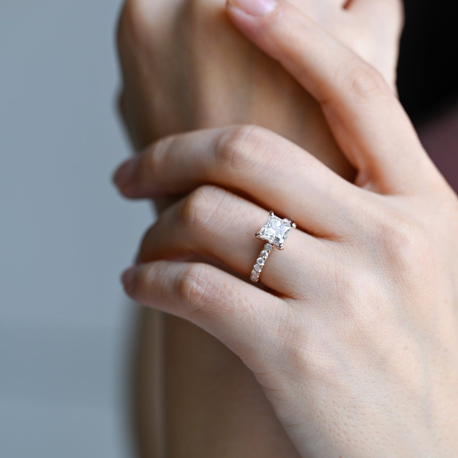 SquareJewelry princess cut moissanite engagement ring Solid Gold Thick Band Pave Princess Cut Moissanite Engagement Ring
