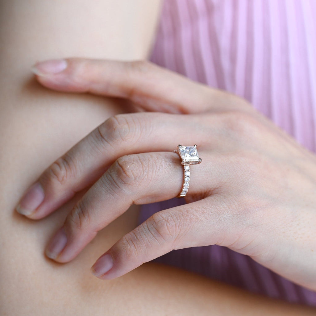 SquareJewelry princess cut moissanite engagement ring Solid Gold Thick Band Pave Princess Cut Moissanite Engagement Ring