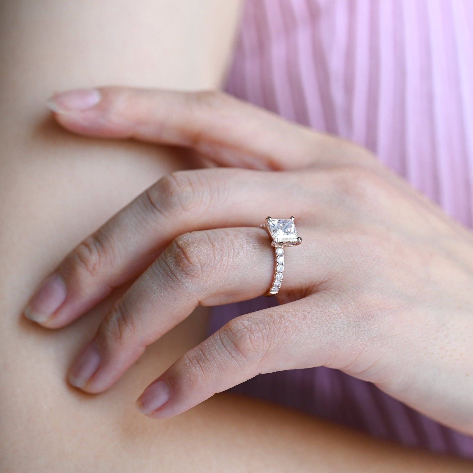 SquareJewelry princess cut moissanite engagement ring Solid Gold Thick Band Pave Princess Cut Moissanite Engagement Ring