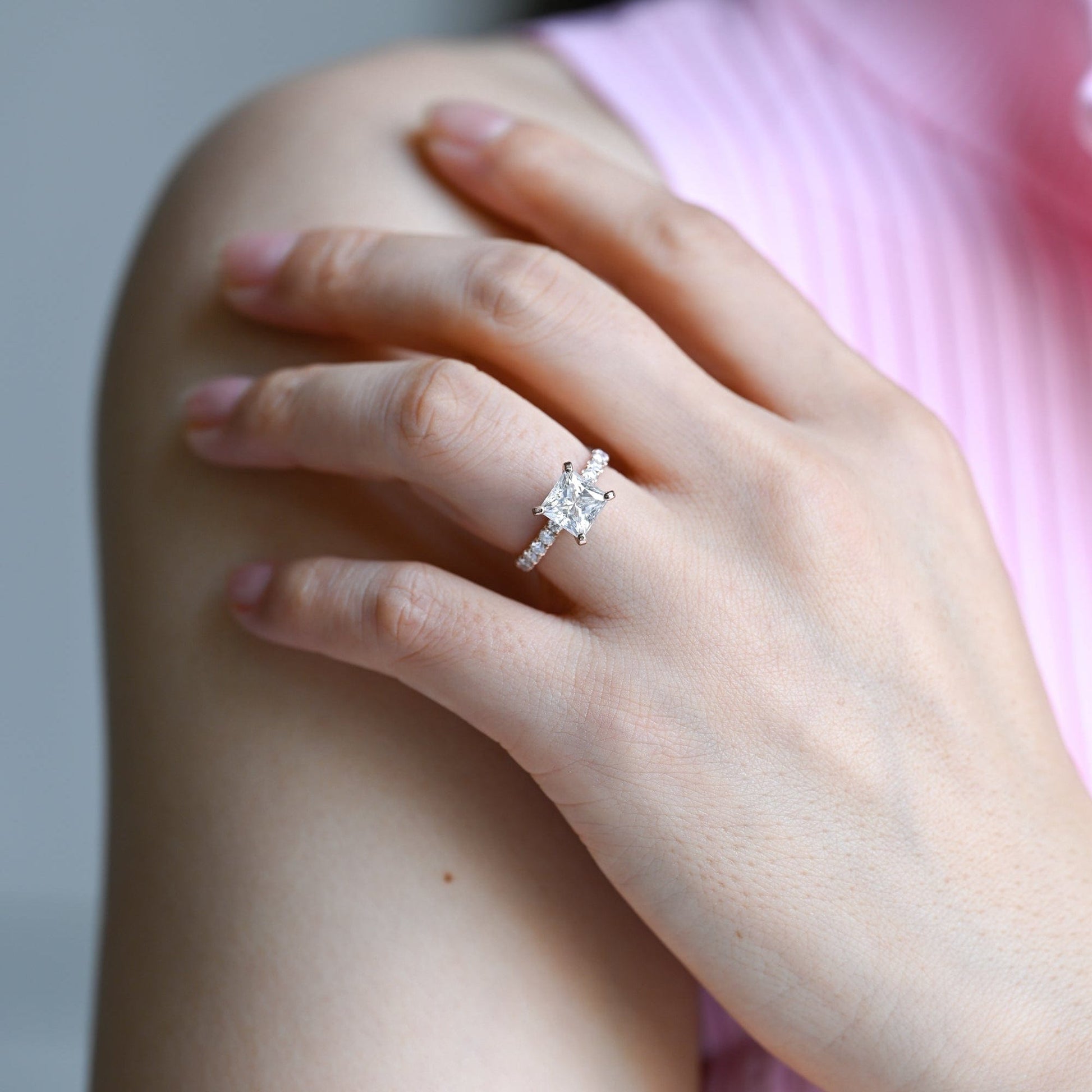 SquareJewelry princess cut moissanite engagement ring Solid Gold Thick Band Pave Princess Cut Moissanite Engagement Ring