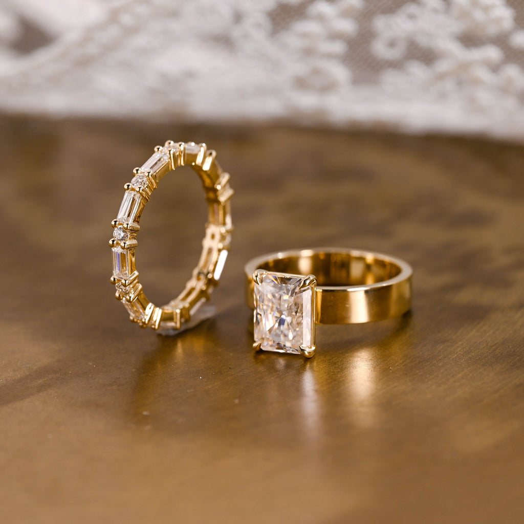 SquareJewelry Radiant Cut Bridal Set Solid Gold 4mm Wide Band Radiant Cut Moissanite Wedding Ring Set