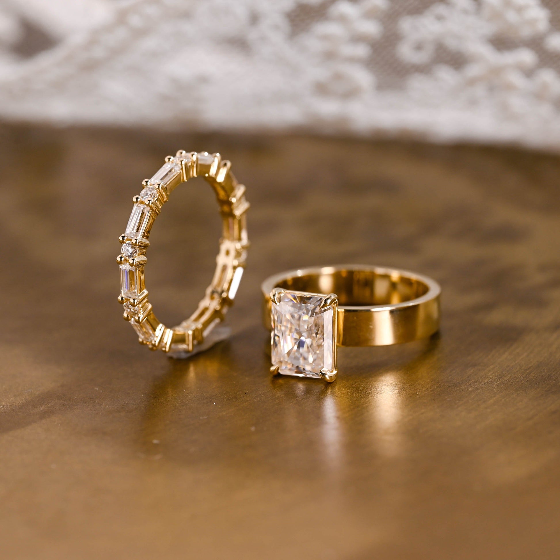 SquareJewelry Radiant Cut Bridal Set Solid Gold 4mm Wide Band Radiant Cut Moissanite Wedding Ring Set
