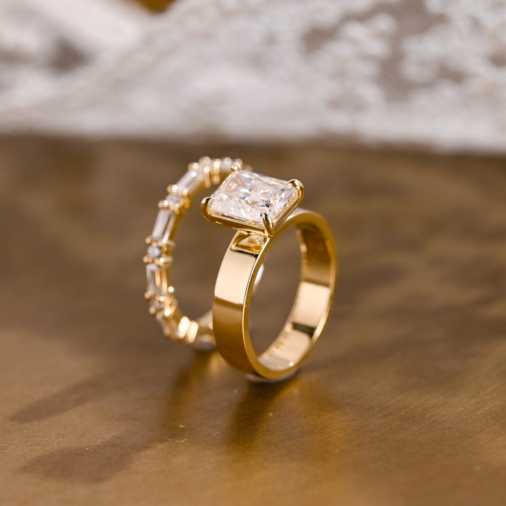 SquareJewelry Radiant Cut Bridal Set Solid Gold 4mm Wide Band Radiant Cut Moissanite Wedding Ring Set