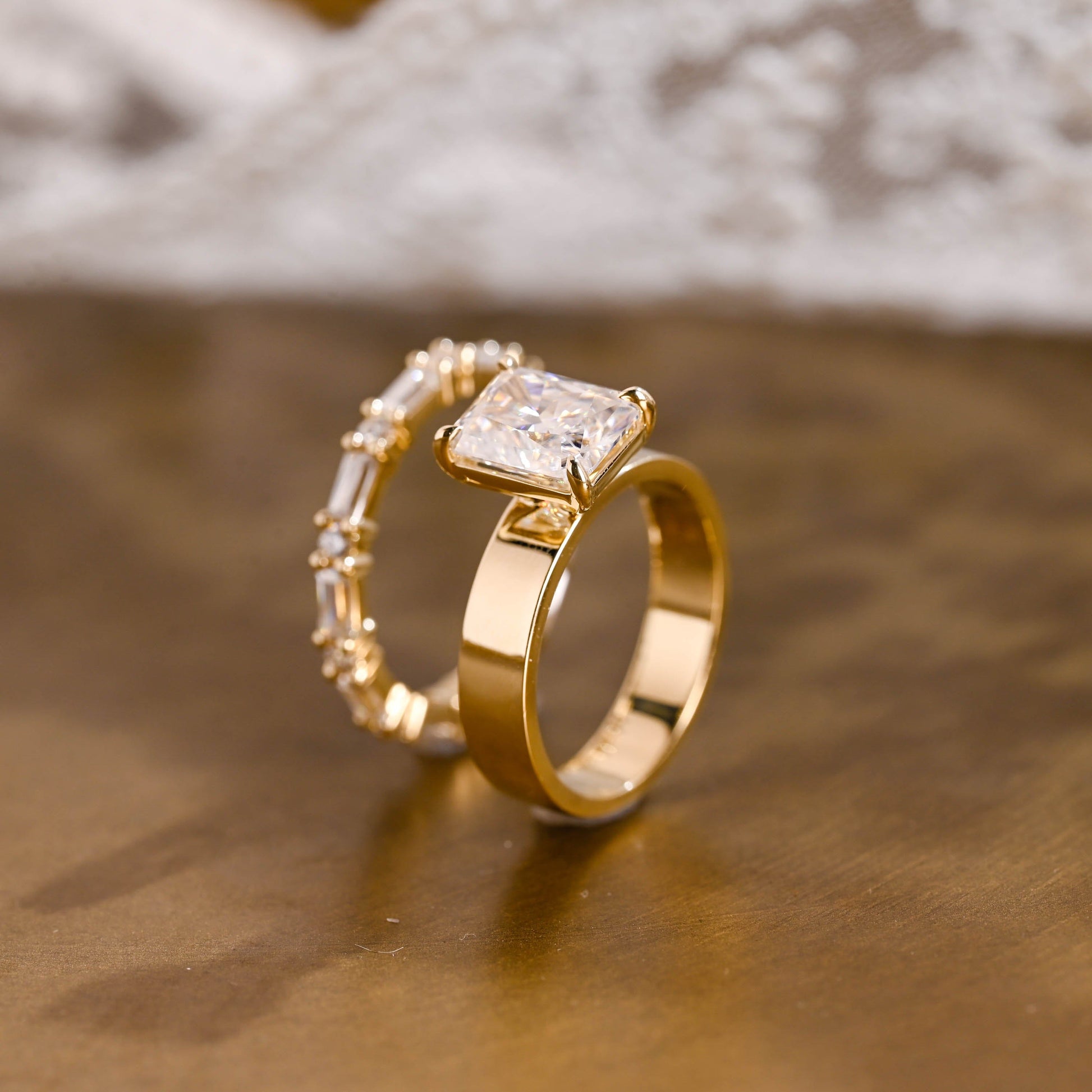 SquareJewelry Radiant Cut Bridal Set Solid Gold 4mm Wide Band Radiant Cut Moissanite Wedding Ring Set