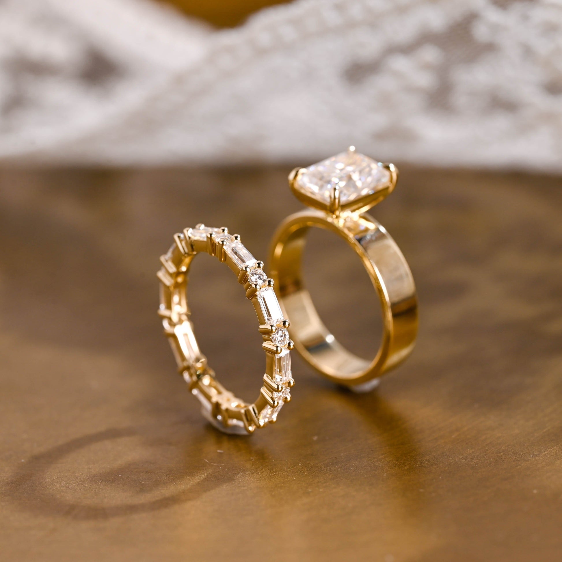 SquareJewelry Radiant Cut Bridal Set Solid Gold 4mm Wide Band Radiant Cut Moissanite Wedding Ring Set